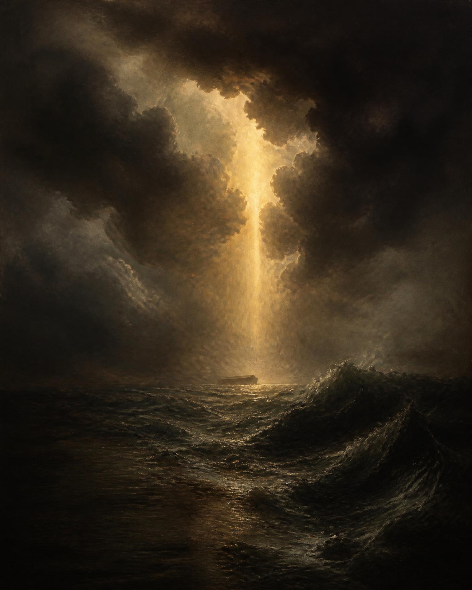 A small wooden ark on a vast dark sea beneath a column of pale heavenly light